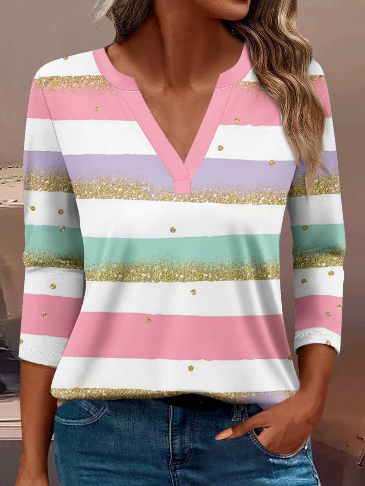 Casual Abstract V Neck Long Sleeve T-shirt