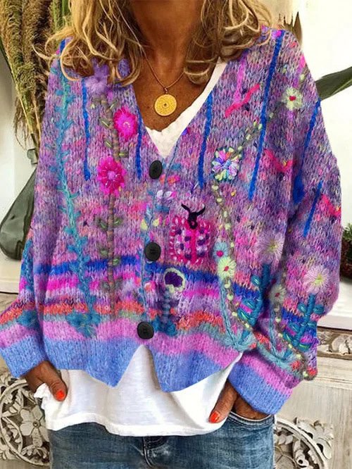 Women Yarn/Wool Yarn Floral Long Sleeve Comfy Casual Cardigan