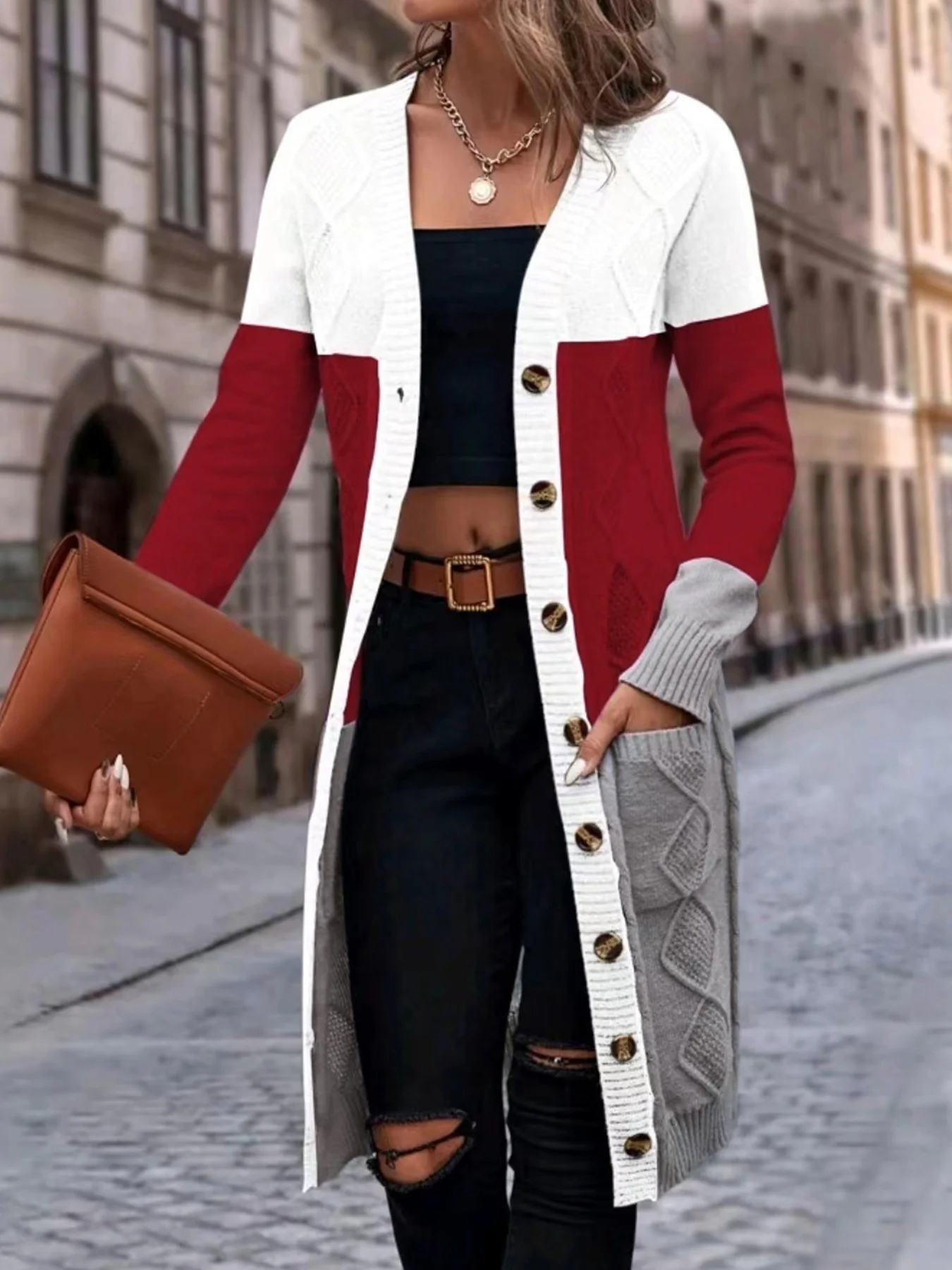 Women Wool/Knitting Color Block Long Sleeve Comfy Casual Cardigan