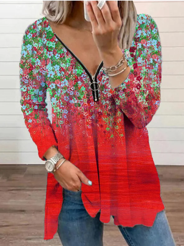 V Neck Long Sleeve Floral Zipper Regular Micro-Elasticity Loose Blouse For Women