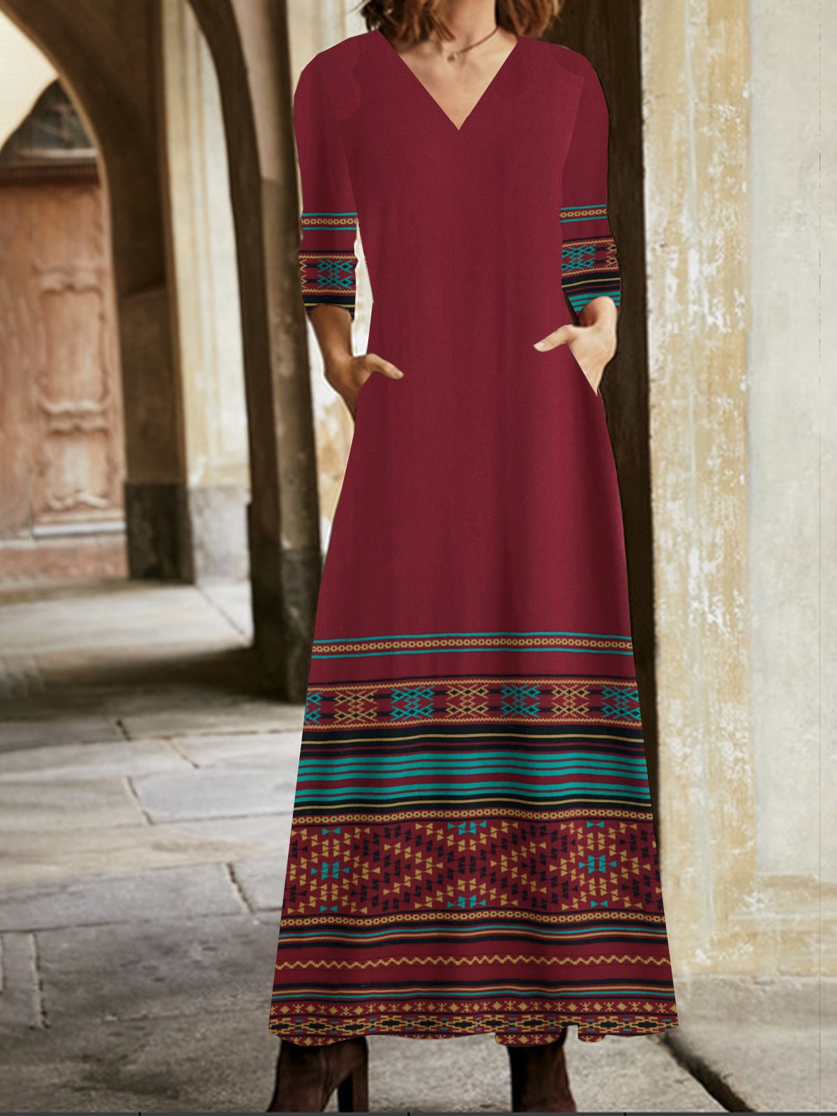 Women Ethnic V Neck Long Sleeve Comfy Vintage Pocket Stitching Maxi Dress