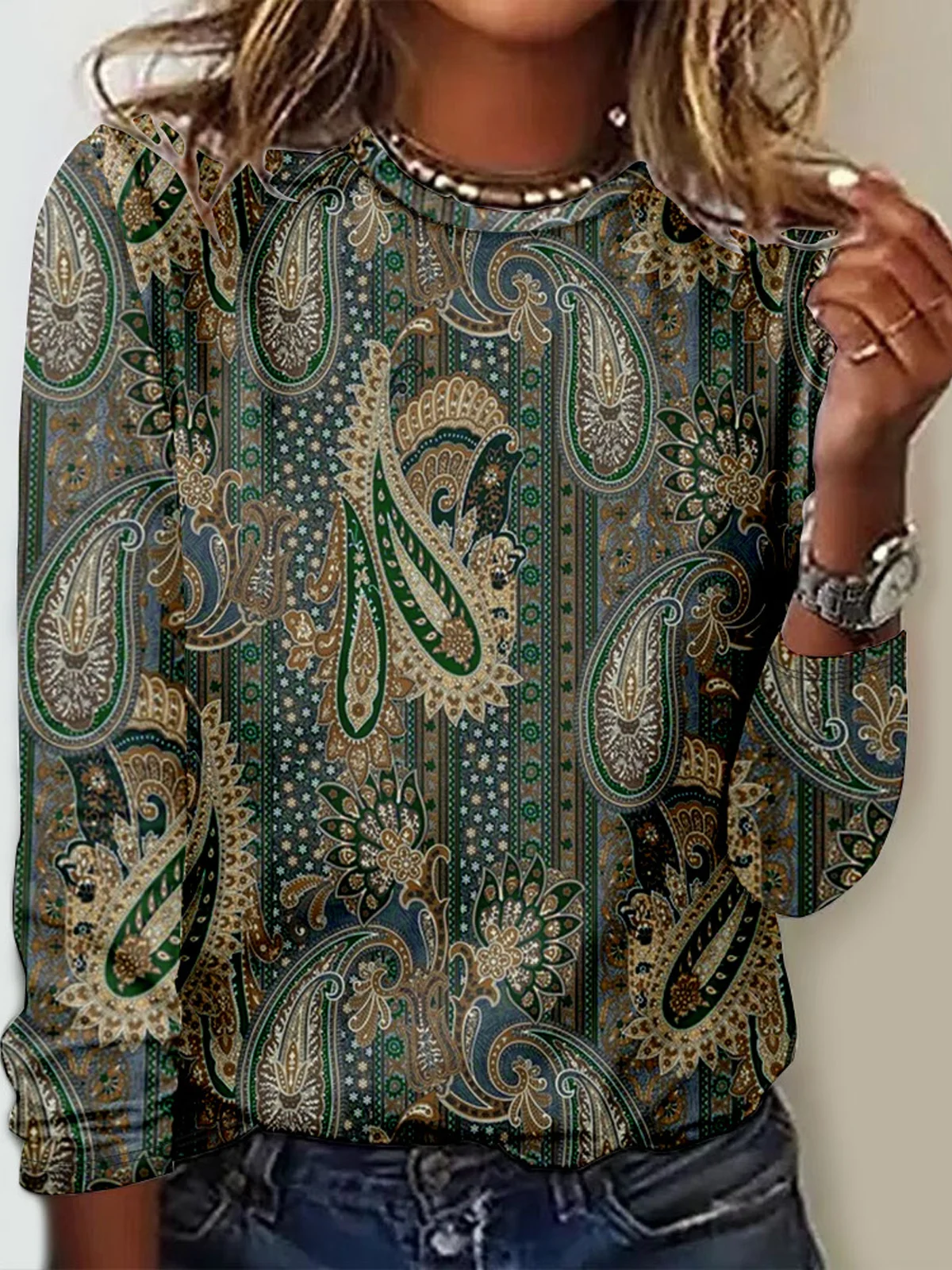 Vintage Ethnic Crew Neck Long Sleeve T-shirt