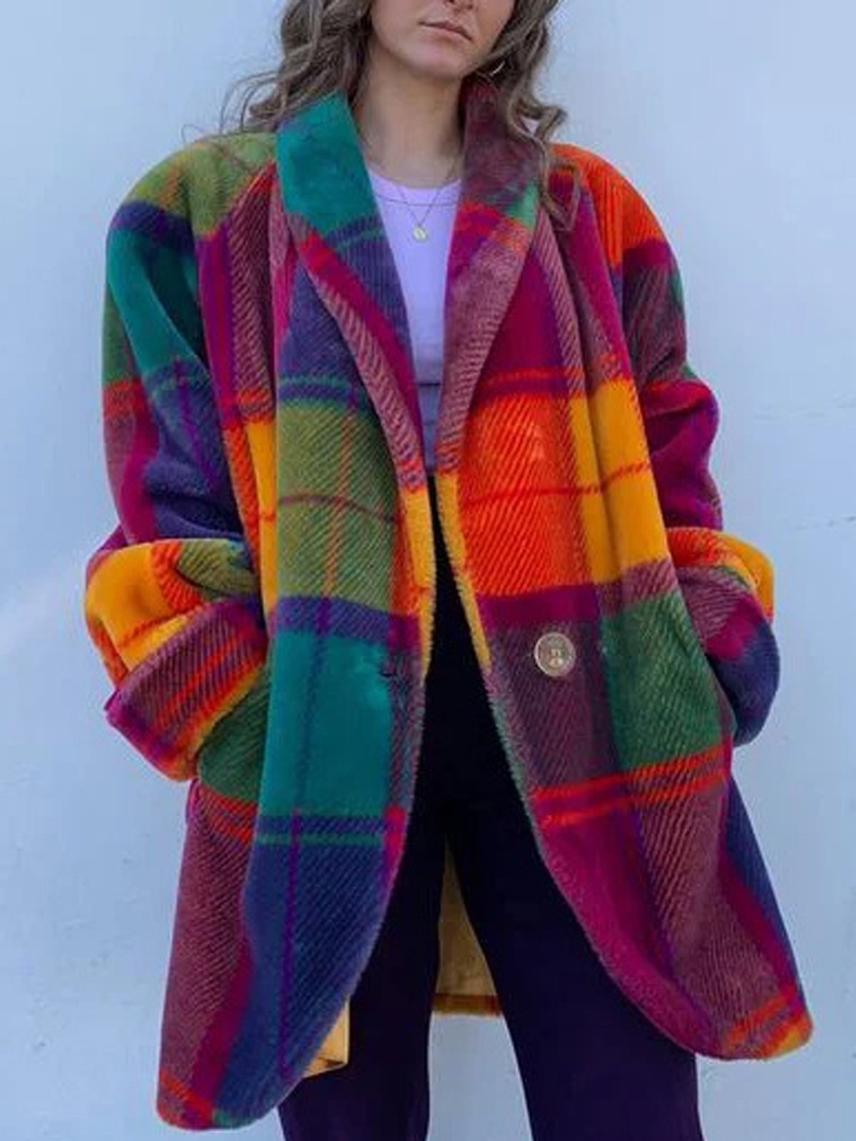 Women's Plaid Buttoned Regular Loose Coat