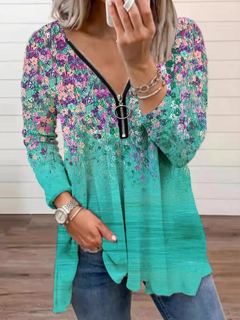 V Neck Long Sleeve Floral Zipper Regular Micro-Elasticity Loose Blouse For Women