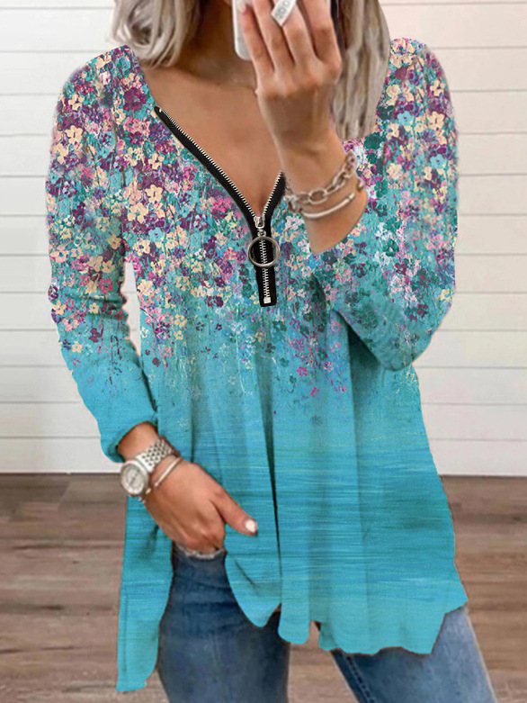 V Neck Long Sleeve Floral Zipper Regular Micro-Elasticity Loose Blouse For Women