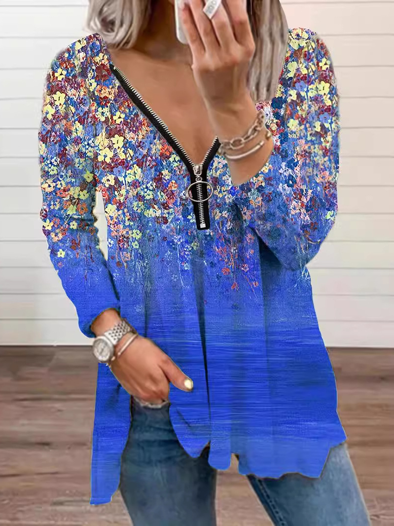 V Neck Long Sleeve Floral Zipper Regular Micro-Elasticity Loose Blouse For Women