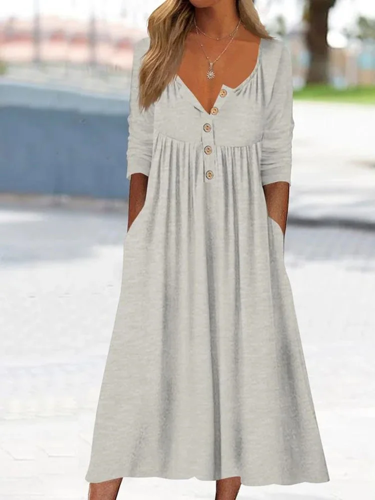 Women Plain Crew Neck Long Sleeve Comfy Casual Midi Dress