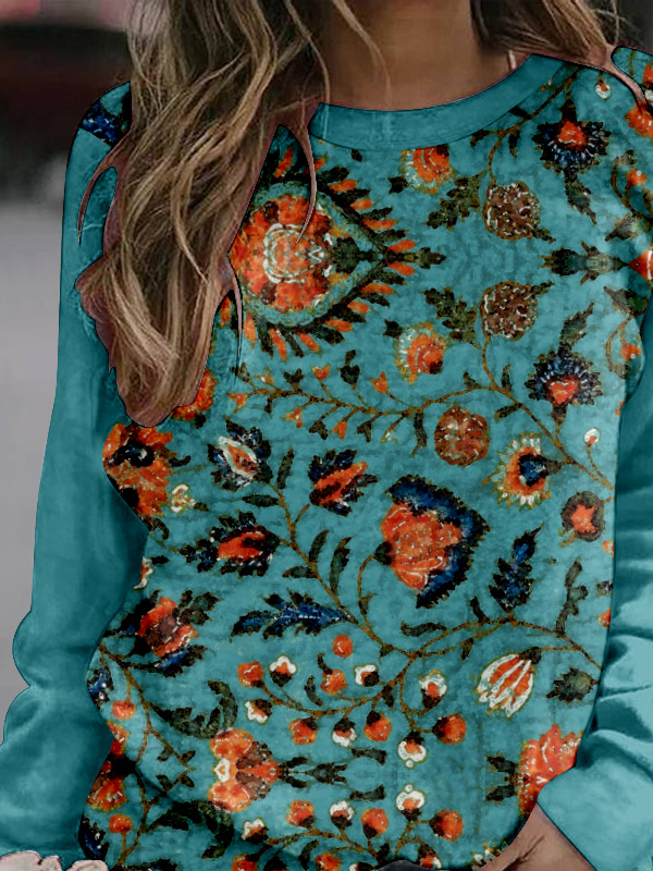 Casual Crew Neck Floral Sweatshirt