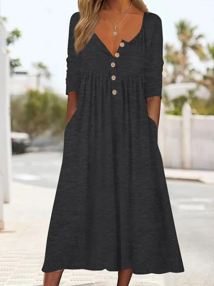 Women Plain Crew Neck Long Sleeve Comfy Casual Midi Dress