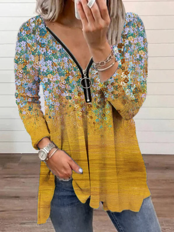 V Neck Long Sleeve Floral Zipper Regular Micro-Elasticity Loose Blouse For Women