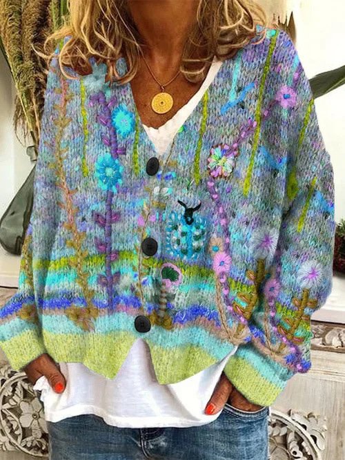 Women Yarn/Wool Yarn Floral Long Sleeve Comfy Casual Cardigan