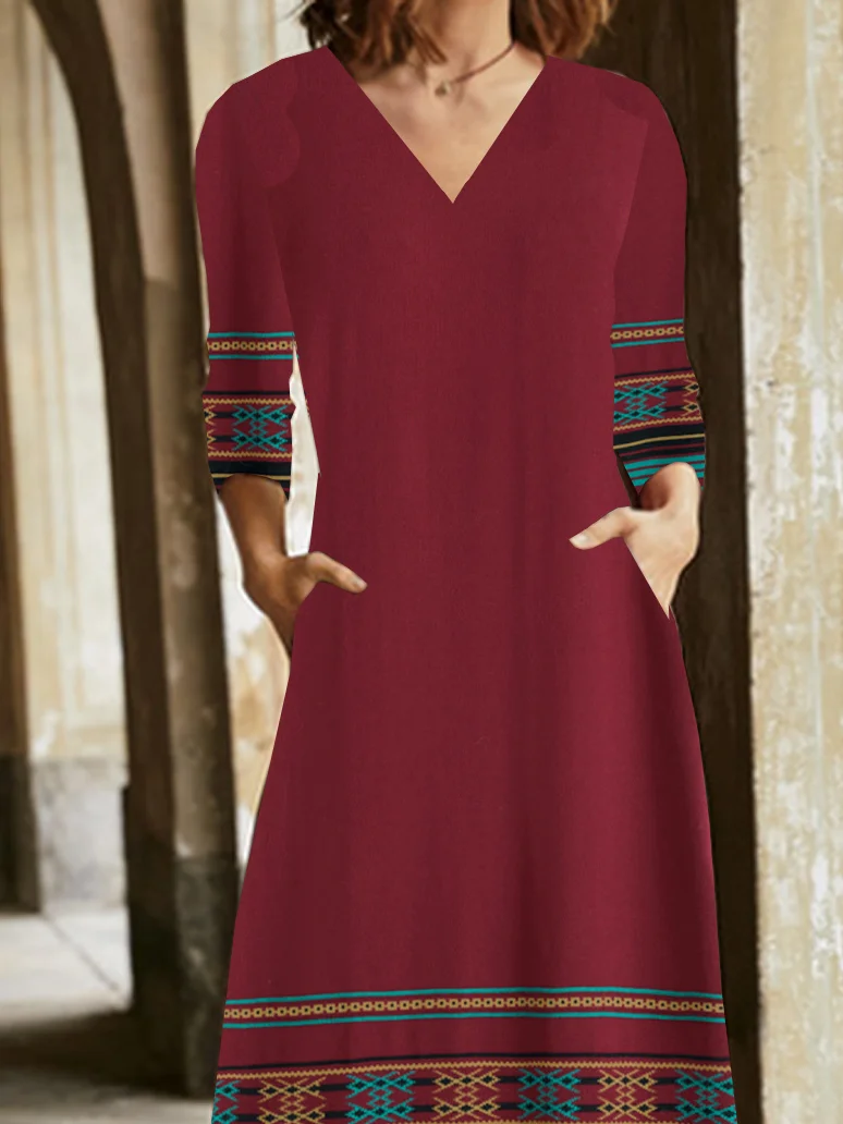 Women Ethnic V Neck Long Sleeve Comfy Vintage Pocket Stitching Maxi Dress