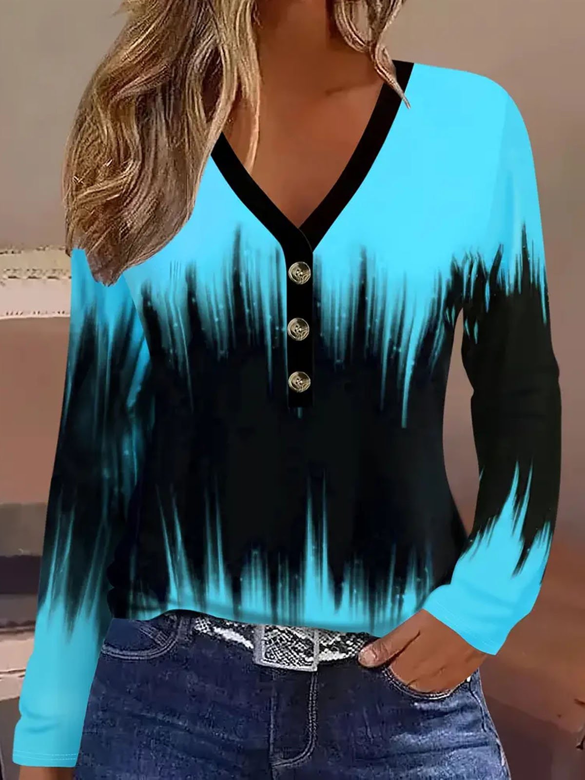 Casual Ombre V Neck Long Sleeve T-shirt