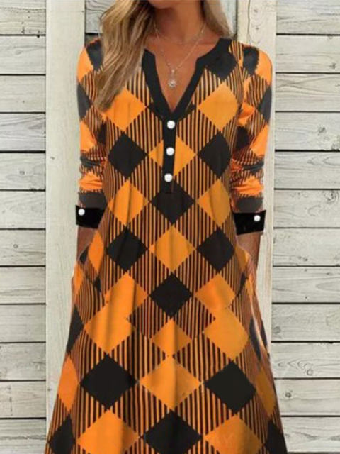 Women Plaid Notched Long Sleeve Comfy Casual Maxi Dress