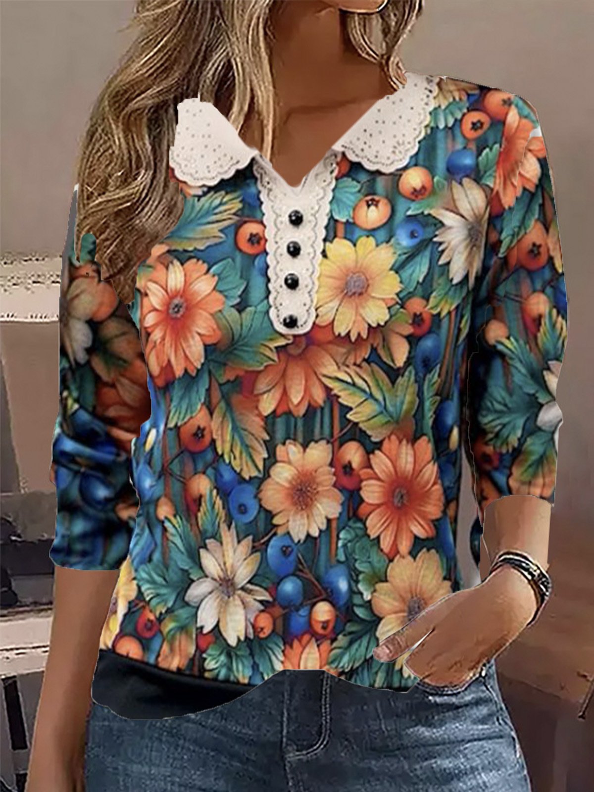 Long Sleeve Floral Regular Micro-Elasticity Loose Blouse For Women