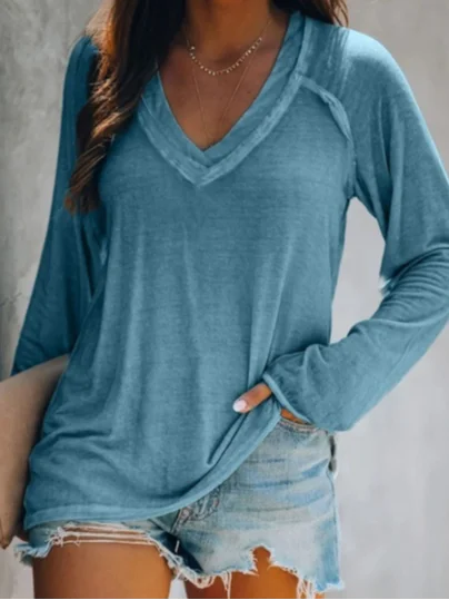 V Neck Long Sleeve Plain Zipper Regular Micro-Elasticity Loose Blouse For Women