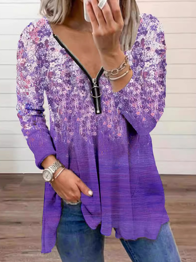 V Neck Long Sleeve Floral Zipper Regular Micro-Elasticity Loose Blouse For Women