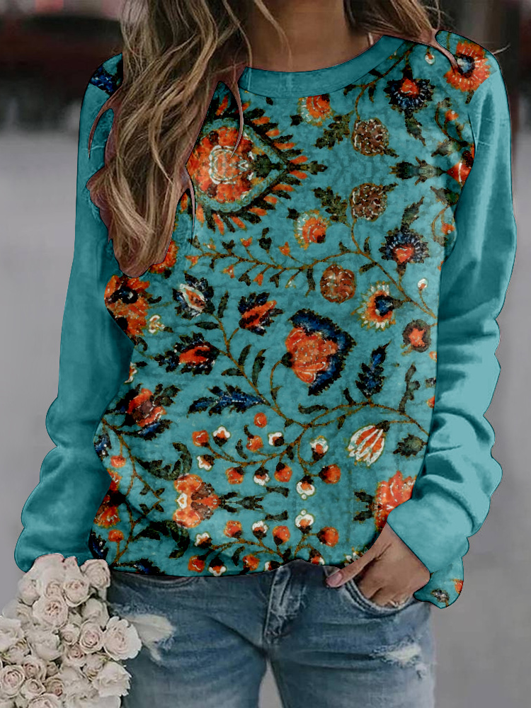 Casual Crew Neck Floral Sweatshirt