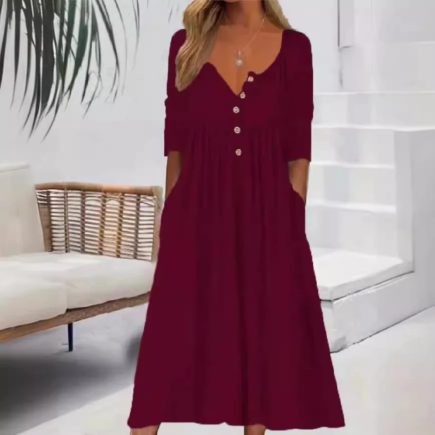 Women Plain Crew Neck Long Sleeve Comfy Casual Midi Dress