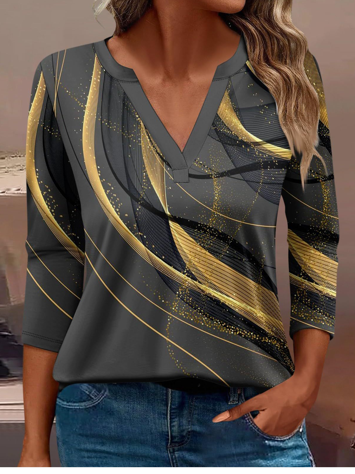 Casual Abstract V Neck Long Sleeve T-shirt