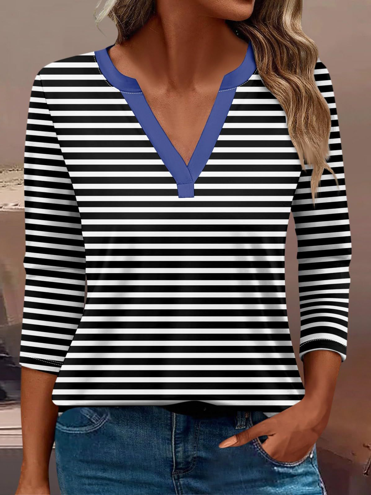 Casual Abstract V Neck Long Sleeve T-shirt