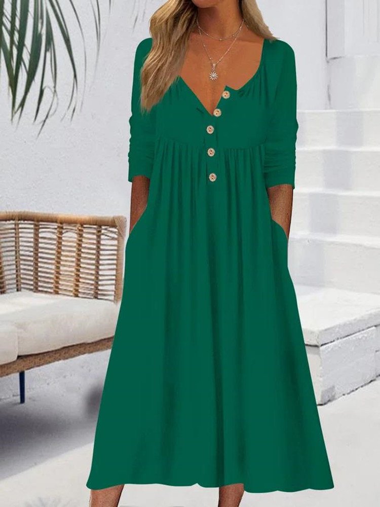 Women Plain Crew Neck Long Sleeve Comfy Casual Midi Dress