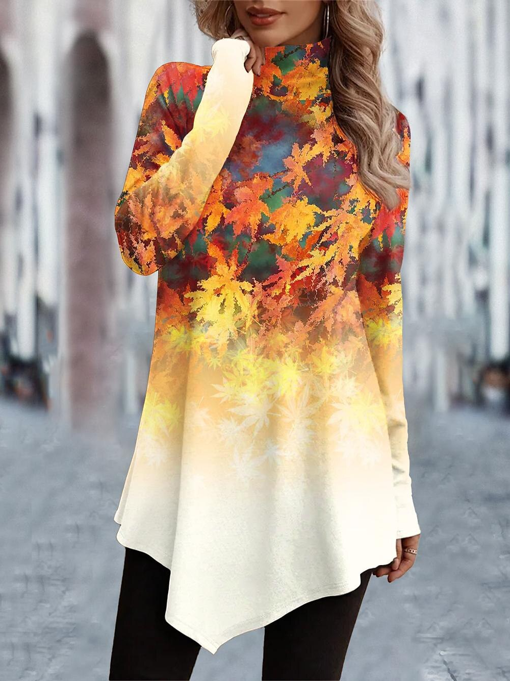 Casual Leaf Turtleneck Long Sleeve T-shirt