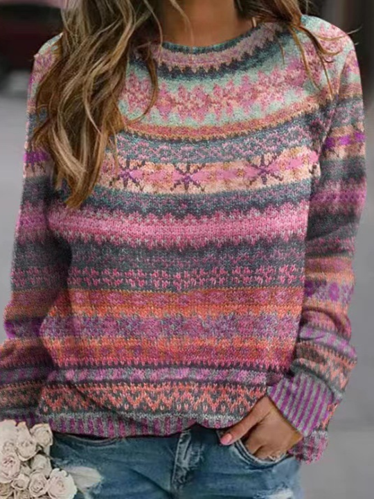 Women Knitted Ethnic Geometry Long Sleeve Comfy Casual Sweater