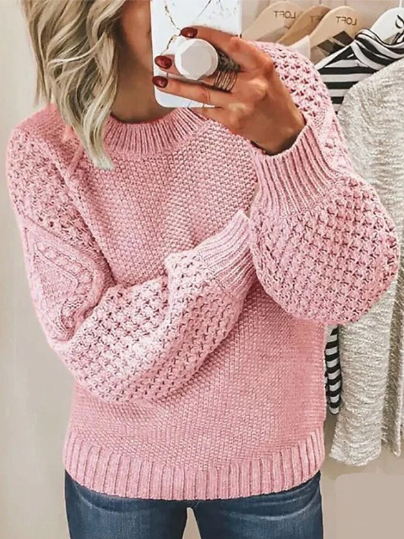 Women Yarn/Wool Yarn Plain Long Sleeve Comfy Casual Sweater