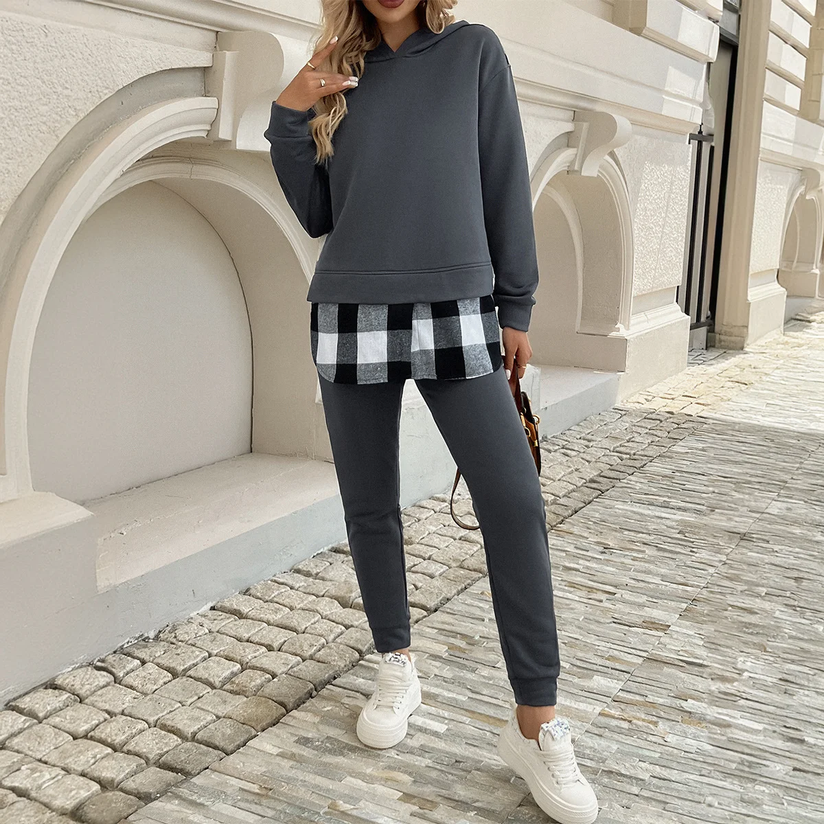 Women Plaid Shawl Collar Long Sleeve Comfy Casual Top With Pants Two-Piece Set