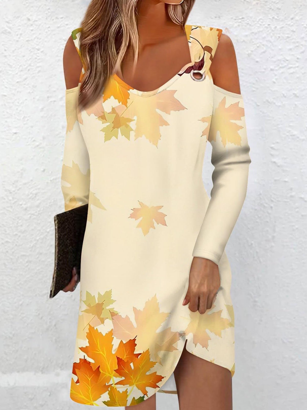 Women Maple Leaf Cold Shoulder Long Sleeve Comfy Casual Buckle Mini Dress