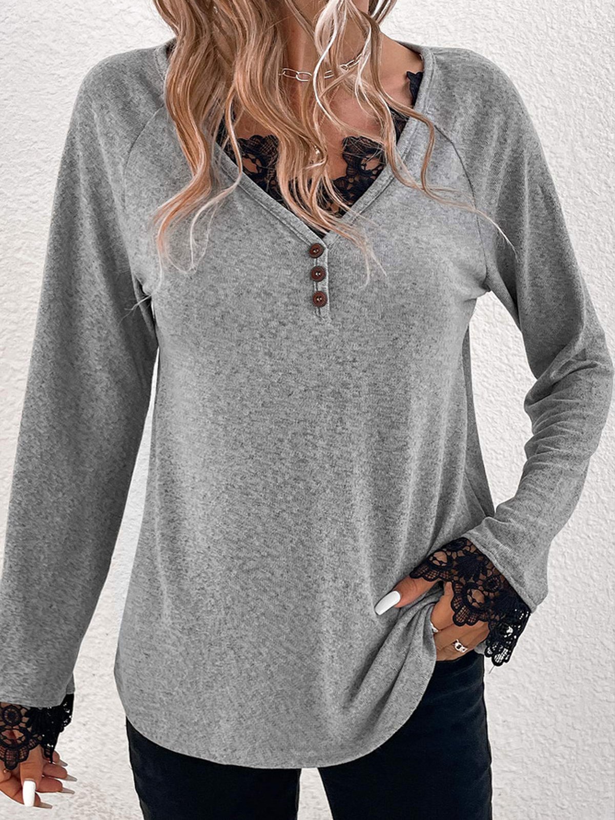 Casual Plain V Neck Long Sleeve T-shirt