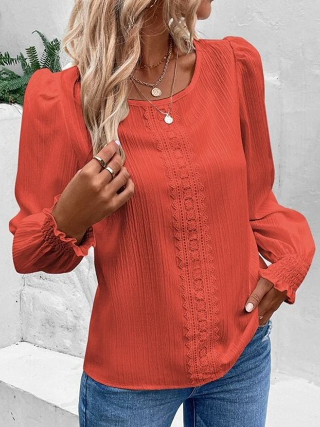 Crew Neck Long Sleeve Plain Lace Regular Loose Blouse For Women