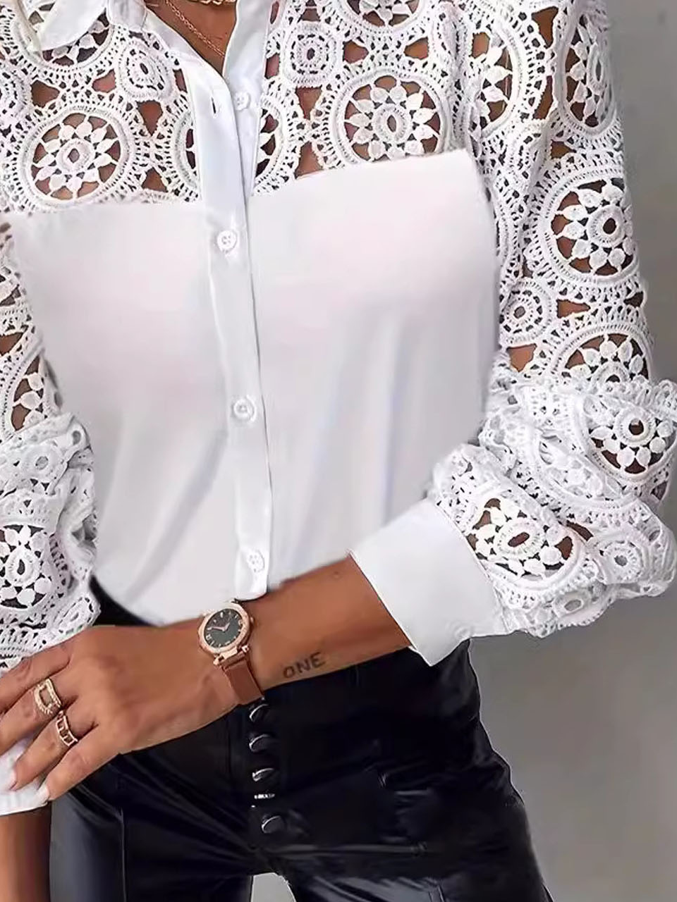 Shirt Collar Long Sleeve Plain Lace Regular Loose Shirt For Women