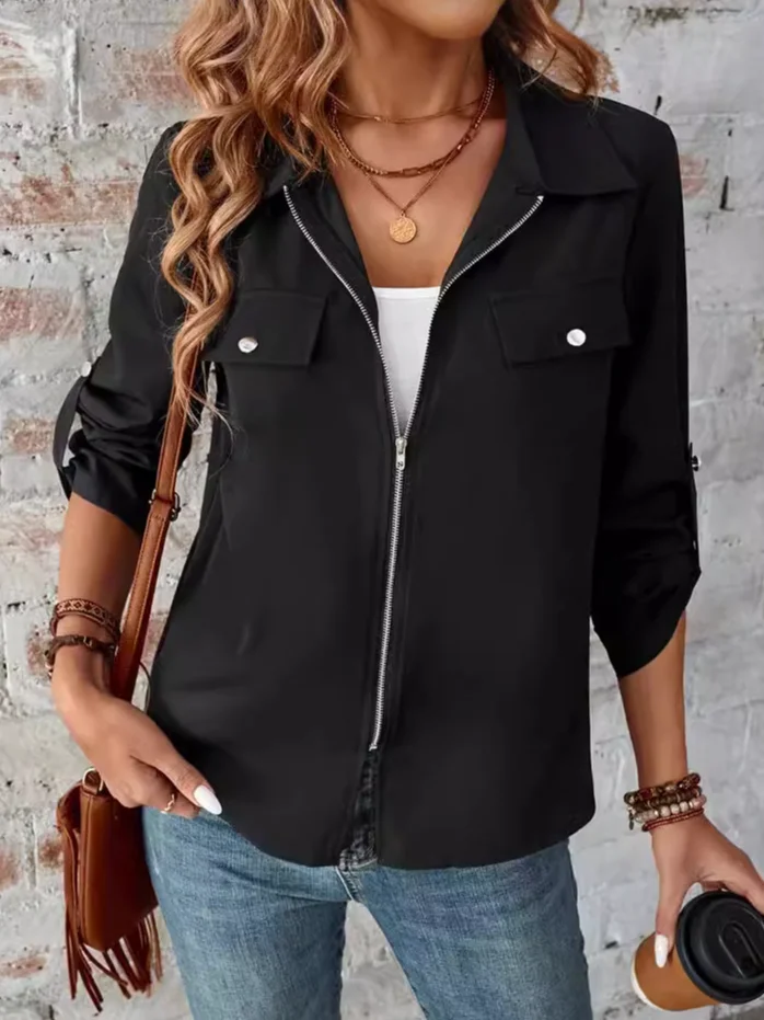 Women's Plain Zipper Regular Loose Jacket