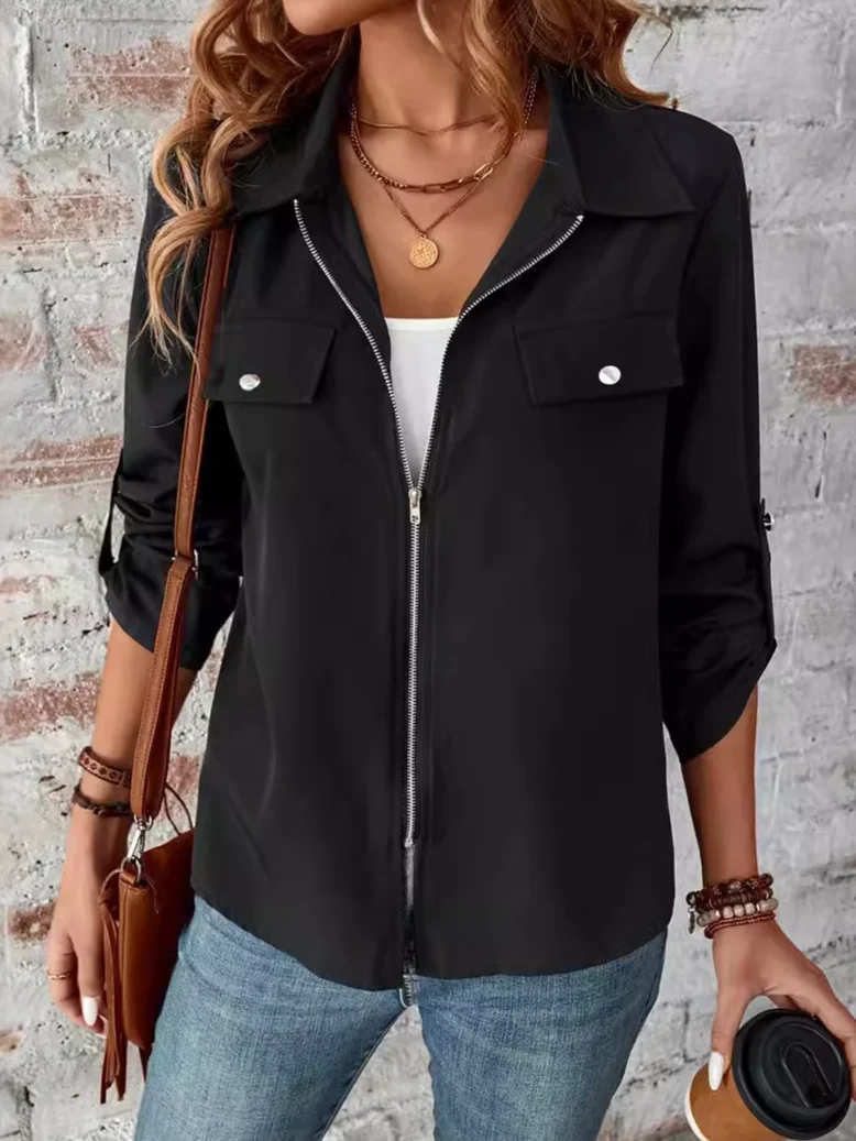 Women's Plain Zipper Regular Loose Jacket