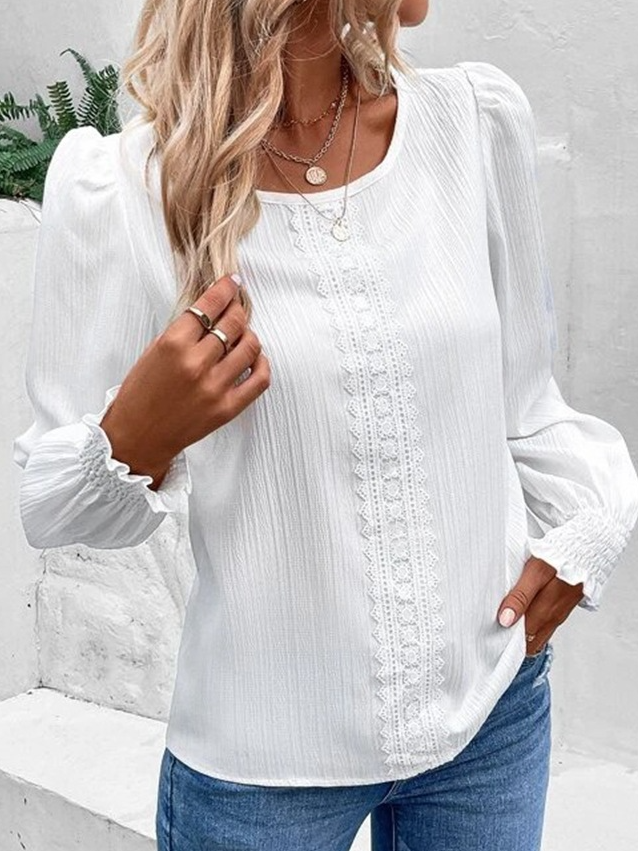 Crew Neck Long Sleeve Plain Lace Regular Loose Blouse For Women