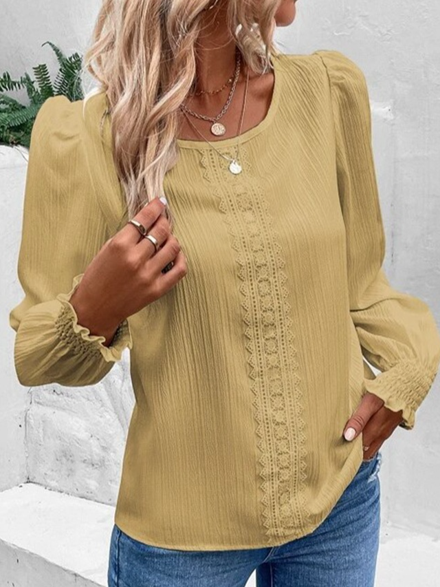 Crew Neck Long Sleeve Plain Lace Regular Loose Blouse For Women