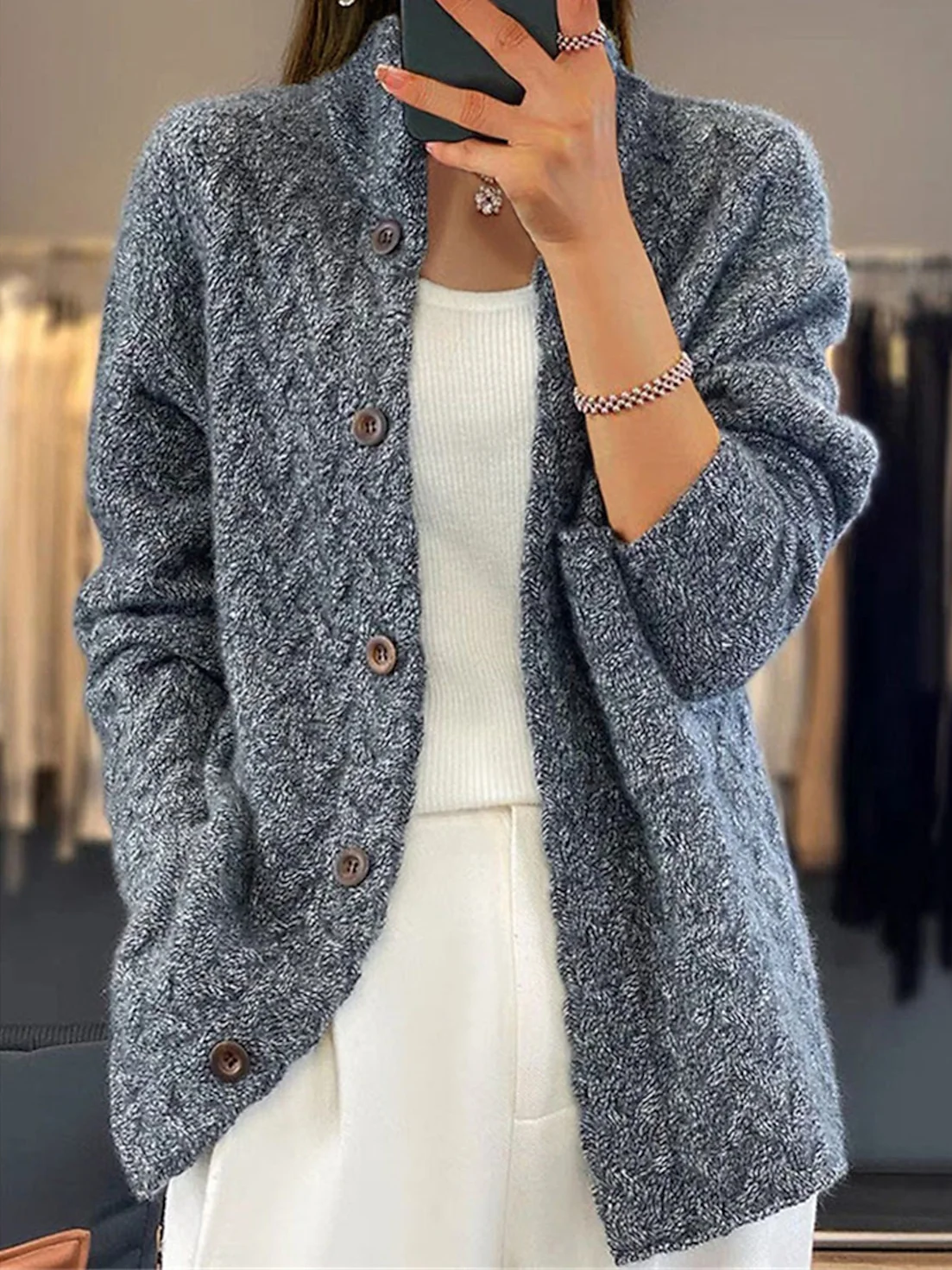 Women Yarn/Wool Yarn Plain Long Sleeve Comfy Casual Cardigan