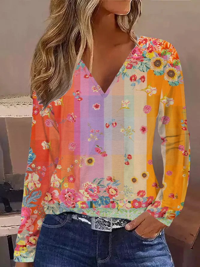 Casual Floral V Neck Long Sleeve T-shirt