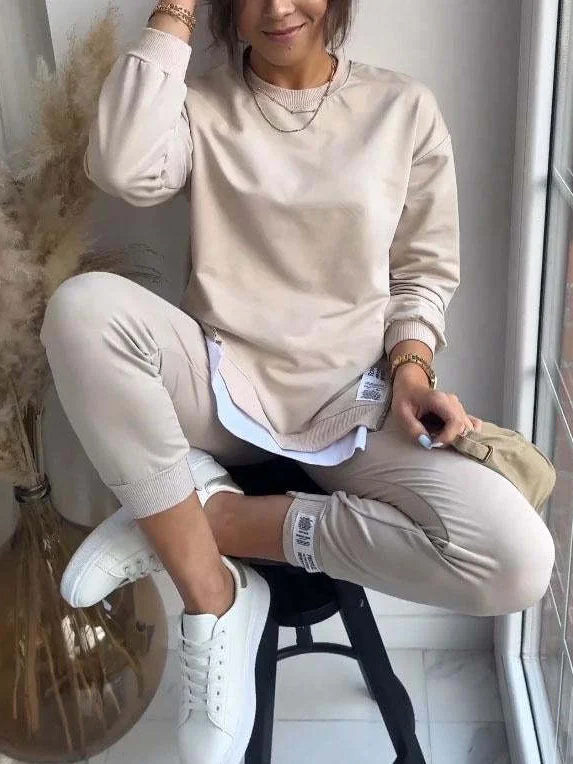 Women Plain Crew Neck Long Sleeve Comfy Casual Top With Pants Two-Piece Set