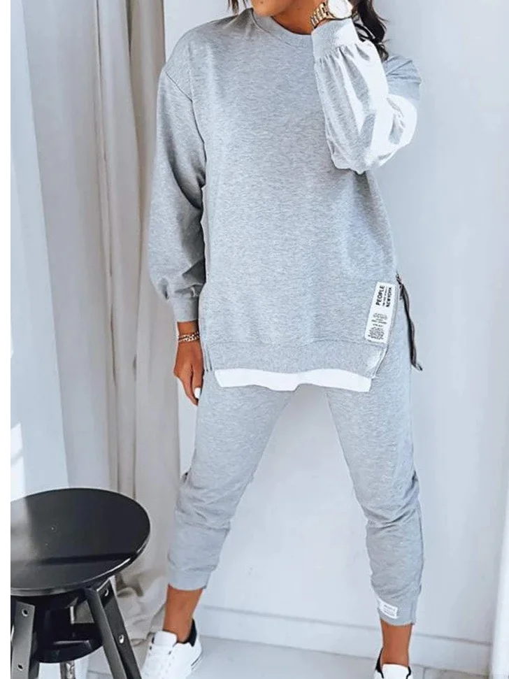 Women Plain Crew Neck Long Sleeve Comfy Casual Top With Pants Two-Piece Set