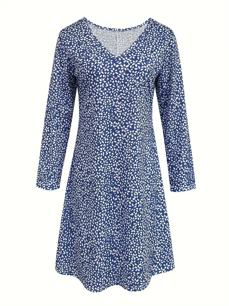 Women Floral V Neck Long Sleeve Comfy Casual Midi Dress