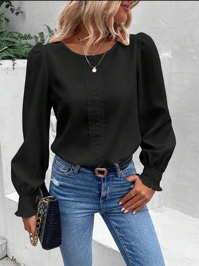 Crew Neck Long Sleeve Plain Lace Regular Loose Blouse For Women