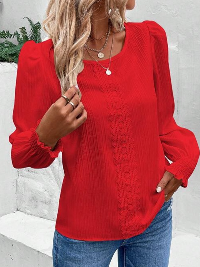 Crew Neck Long Sleeve Plain Lace Regular Loose Blouse For Women