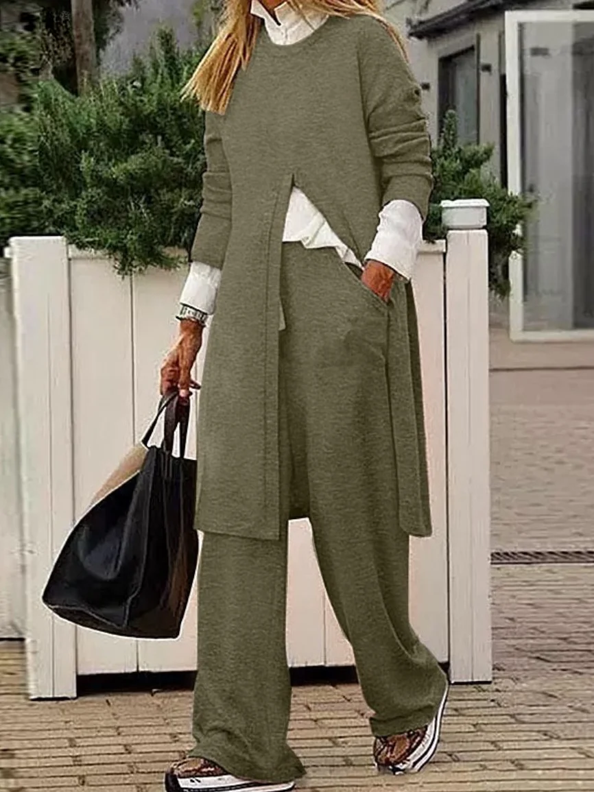 Women Plain Crew Neck Long Sleeve Comfy Casual Top With Pants Two-Piece Set