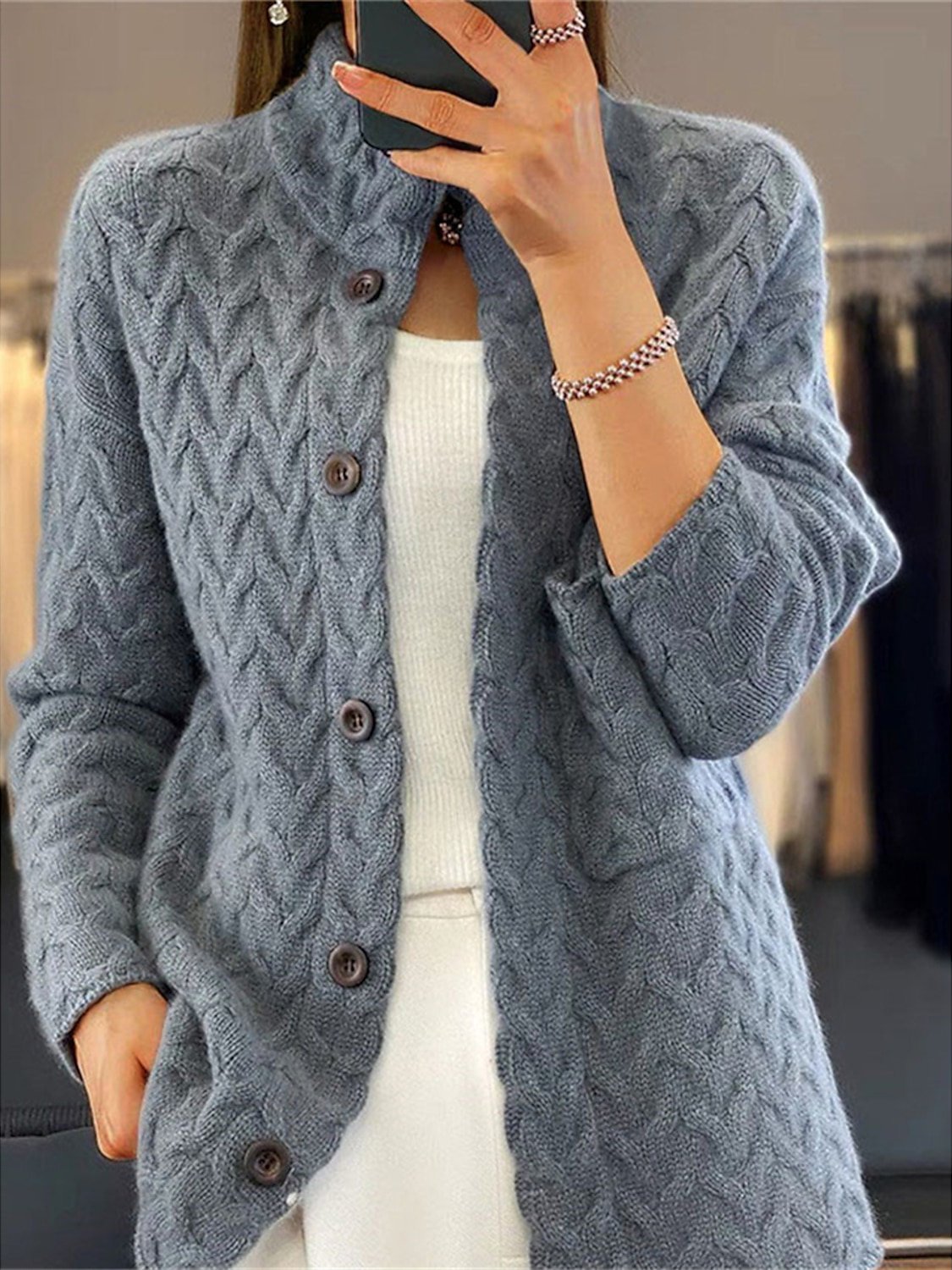 Women Yarn/Wool Yarn Plain Long Sleeve Comfy Casual Cardigan