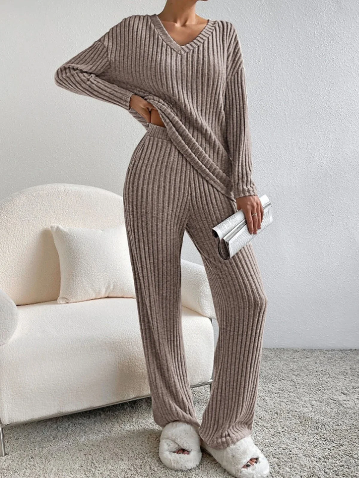 Women Plain V Neck Long Sleeve Comfy Casual Top With Pants Two-Piece Set