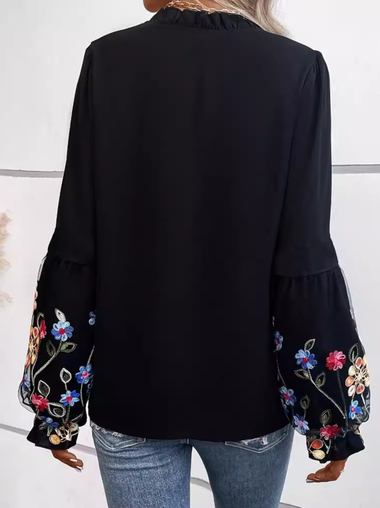 V Neck Long Sleeve Plain Embroidery Regular Micro-Elasticity Loose Blouse For Women