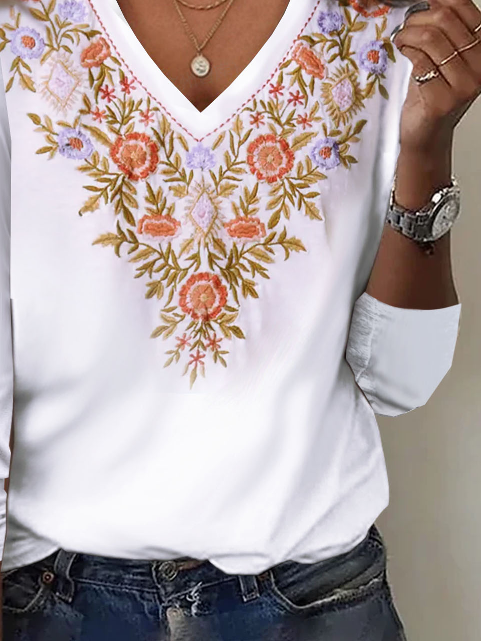 Casual Floral V Neck Long Sleeve T-shirt